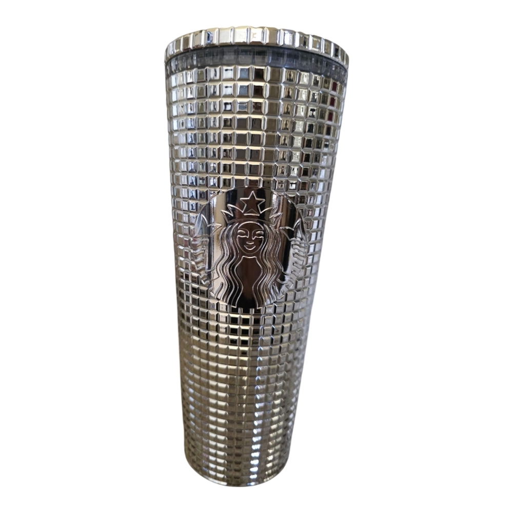 STARBUCKS 2020 Holiday‎ Silver Grid Disco Christmas Cold Cup 24 oz Tumbler NWT